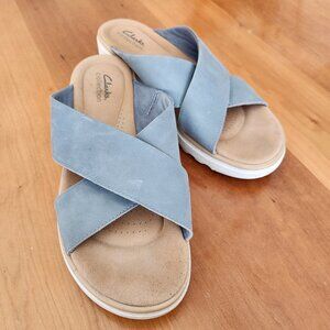 Clarks Jillian Gem Blue Suede Wedge Sandals Women's 10 W Wide Ultimate Comfort